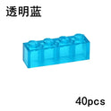 A clear blue 1x4 MOC Transparent Bulk Brick from the Building Block Set is pictured, with black Chinese text at the top left and 40pcs at the bottom right—compatible with Lego for custom walls or houses.