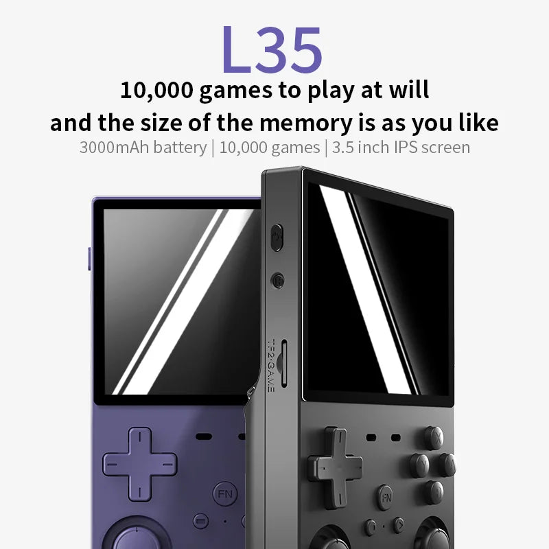 Two L35 Retro Handheld Open Source Emulators, one purple and one gray, are displayed side by side. Features shown: 10,000 classic games, customizable memory size, 3000mAh battery, and 3.5-inch IPS screen.