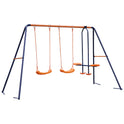 The Durable Double Swing Set Garden Swing with 1 Seesaw Set for Children, in vibrant orange and blue, pairs perfectly with a kids tent to provide hours of outdoor fun.