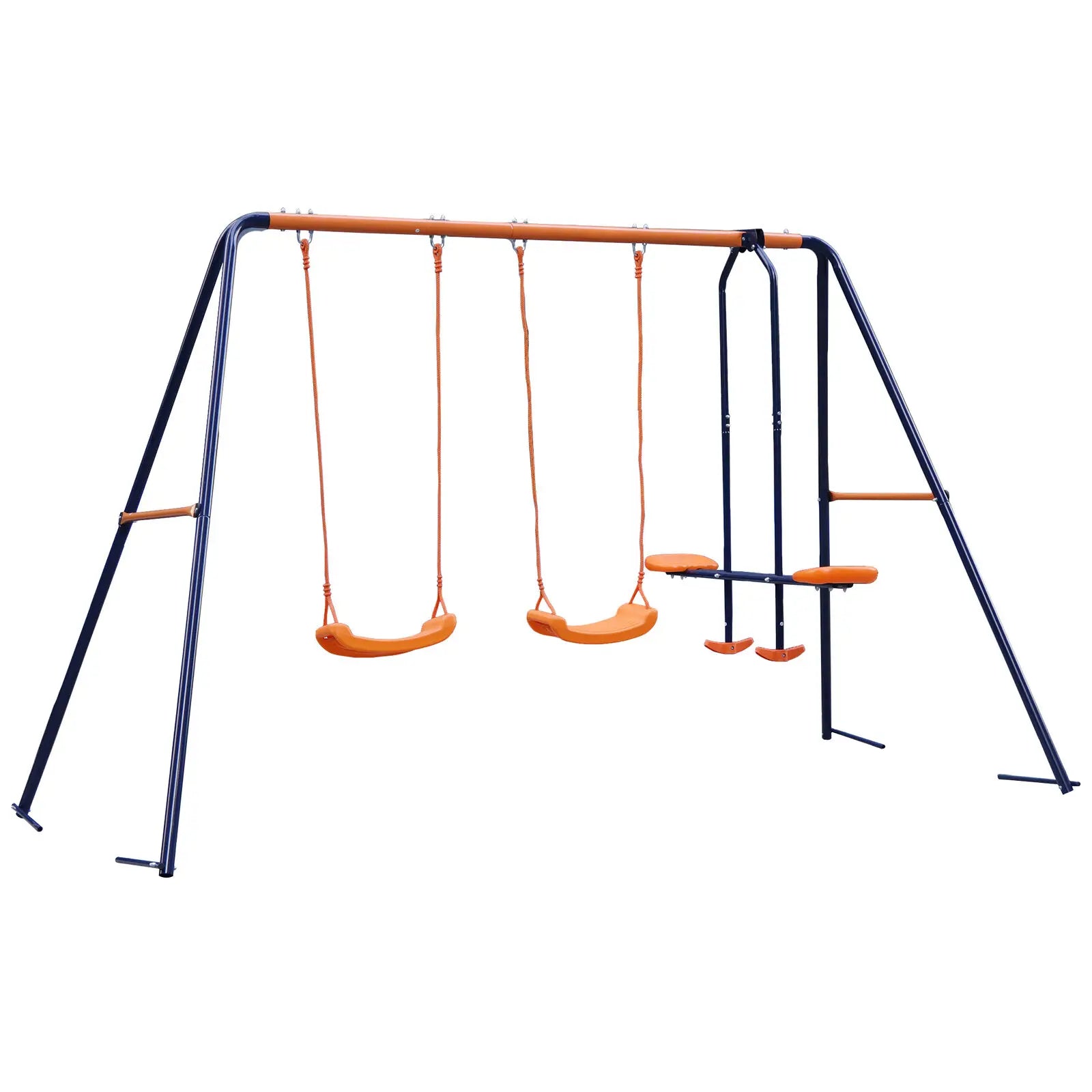 The Durable Double Swing Set Garden Swing with 1 Seesaw Set for Children, in vibrant orange and blue, pairs perfectly with a kids tent to provide hours of outdoor fun.