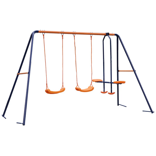 The Durable Double Swing Set Garden Swing with 1 Seesaw Set for Children, in vibrant orange and blue, pairs perfectly with a kids tent to provide hours of outdoor fun.