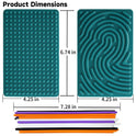 The Childrens Puzzle Silicone Sensory Activity Board includes two teal silicone mats (bumps and maze, 6.74x4.25) plus eight colorful 7.28 sensory sticks—BPA-free, food-grade—for tactile play and relaxation as a decompression tool.