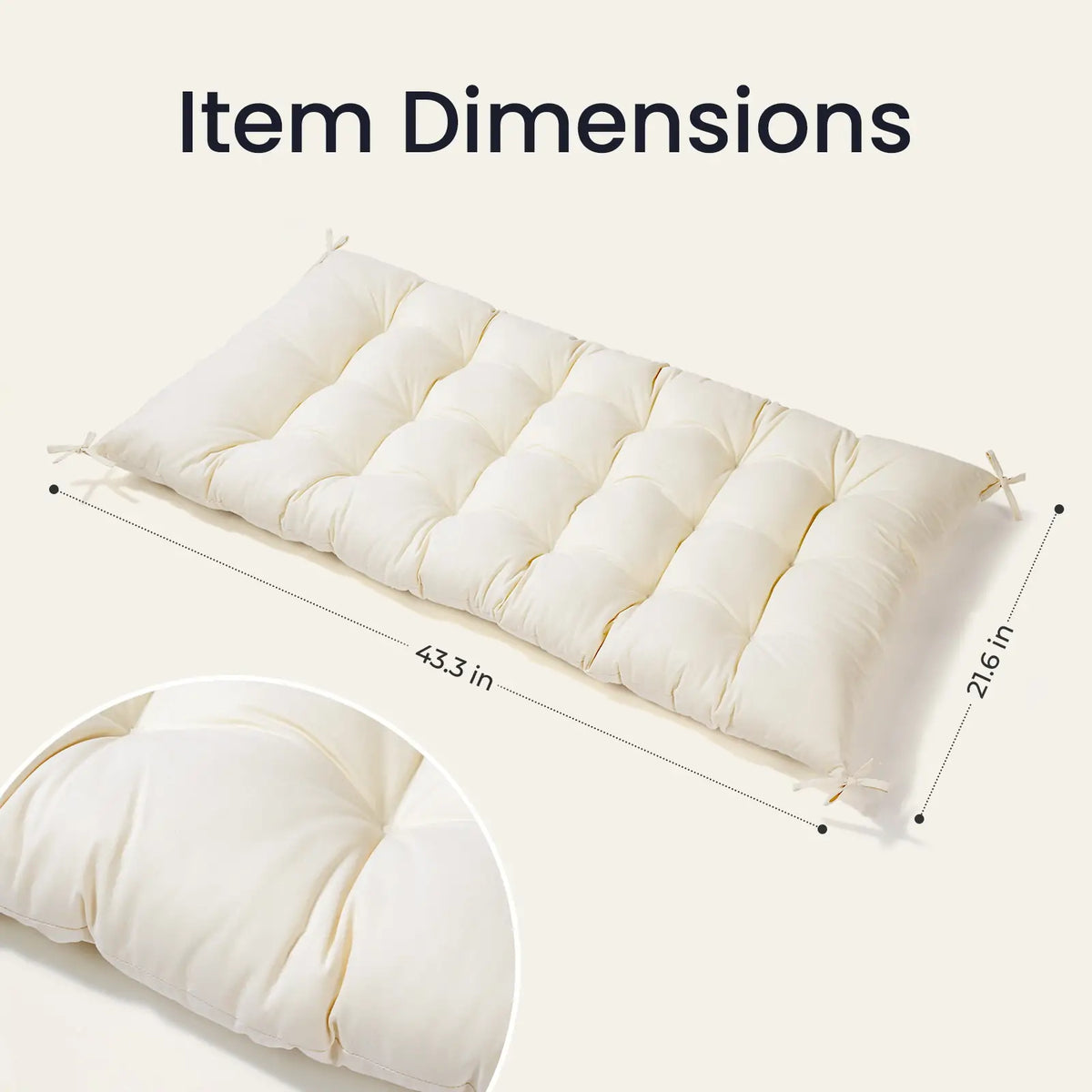 Thick Padded Play Cushion in a rectangular cream-colored tufted climbing arch design, featuring dimension lines of 43.3 inches by 21.6 inches and a close-up detail view.