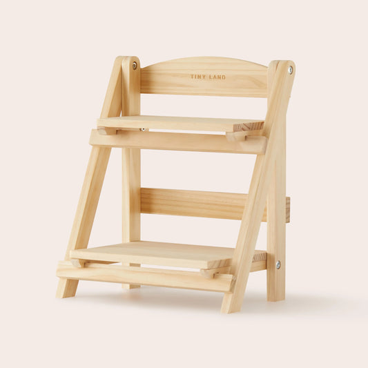 A small, two-tiered Wooden Play Food Storage Rack with an A-frame wooden design.