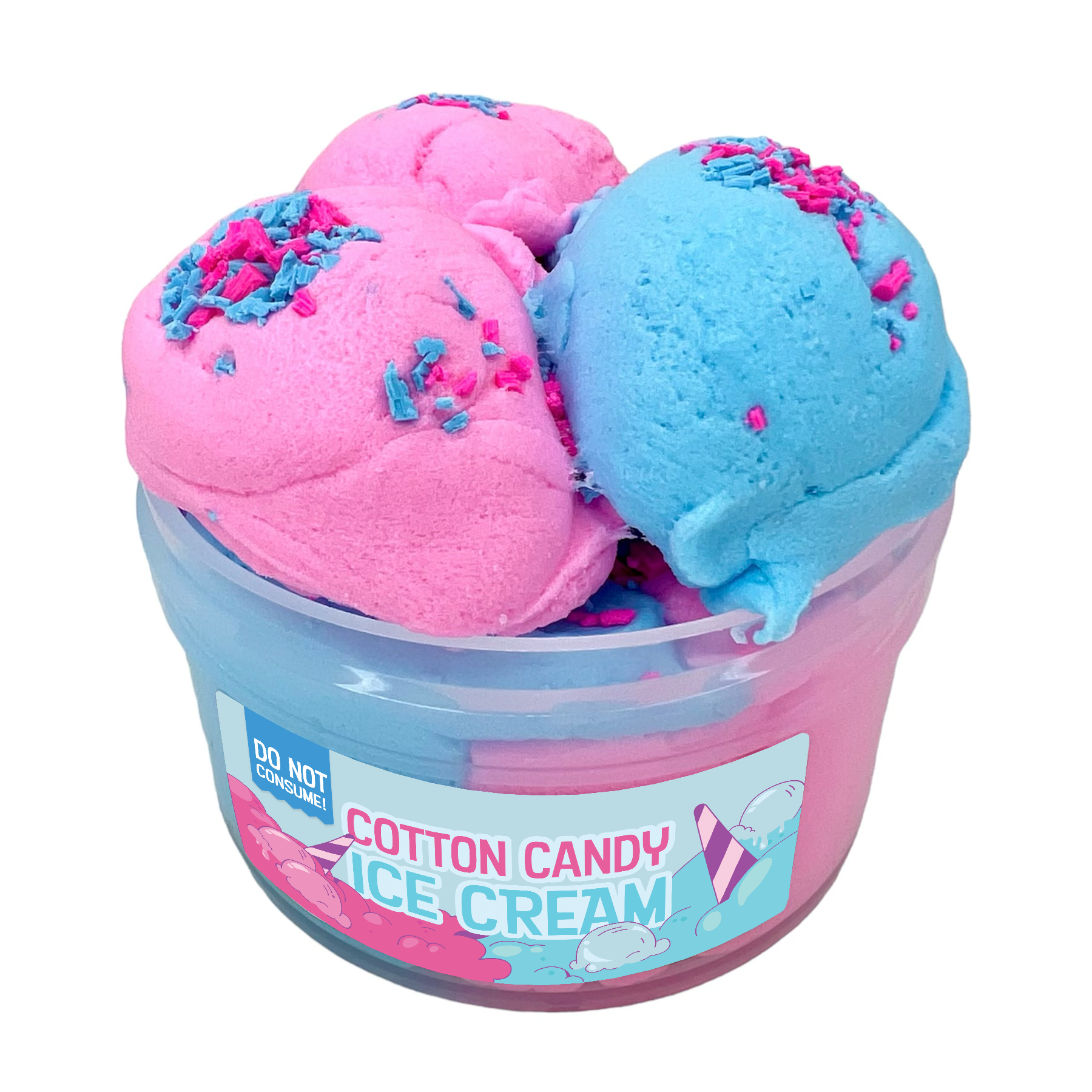 A clear bowl of blue and pink Cotton Candy Ice Cream Cloud Cream Slime with cotton candy chunks and scent, topped with colorful sprinkles. The label reads "Cotton Candy Ice Cream," perfect for sensory play. 7oz.