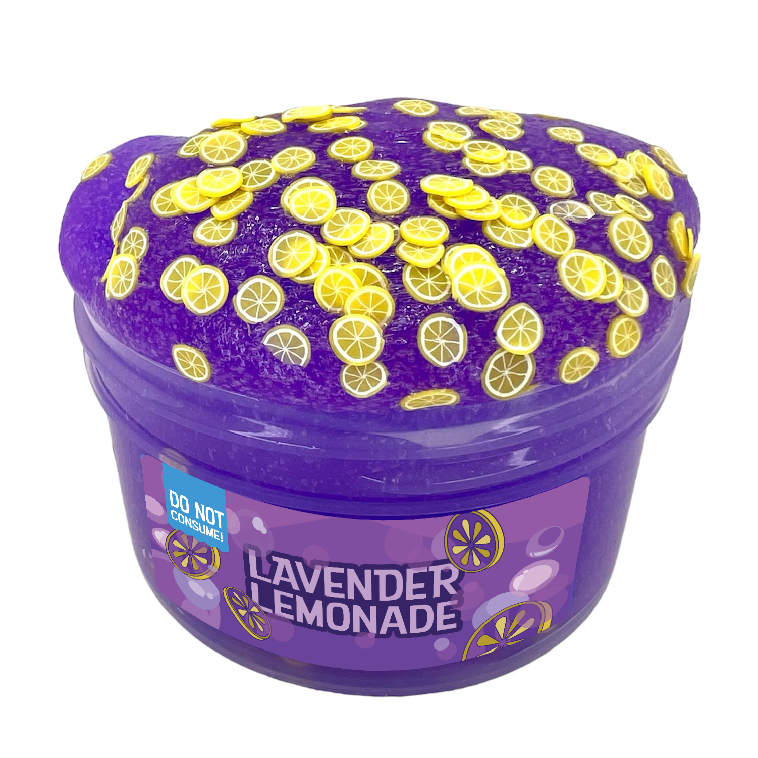 Lavender Lemonade Slime Purple Jelly with Real Lemon Slices, 7 oz—lavender-scented and topped with decorative lemon slices. The label warns Do Not Consume. Ideal for sensory play and stress relief.