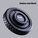 A black Metal Fingertip Spinner EDC Stress Relief Toy for Autism Sensory Engagement and Focus Enhancement with a textured edge and geometric logo, shown against a gray background. Text says Stainless steel [Black] in the top right corner.
