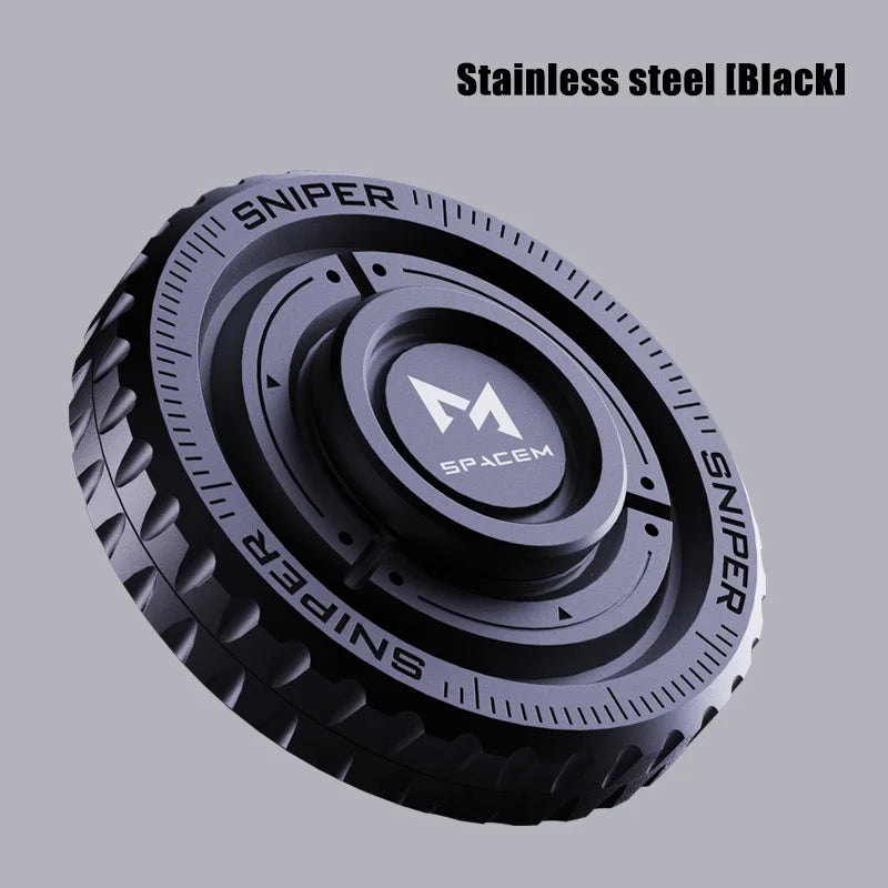 A black Metal Fingertip Spinner EDC Stress Relief Toy for Autism Sensory Engagement and Focus Enhancement with a textured edge and geometric logo, shown against a gray background. Text says Stainless steel [Black] in the top right corner.