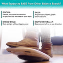 A person in brown boots stands on the BASE Desk Standing Board – Wobble Board with Anti-Fatigue Mat in a bright room. The text highlights focus, easy use, stability, and better posture for natural movement versus other boards.