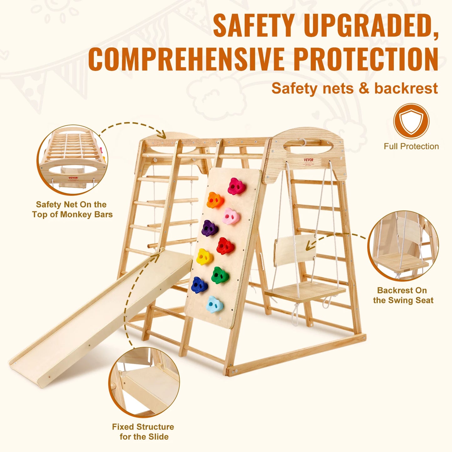 SucceBuy Indoor Jungle Gym 7-in-1: Wooden toddler indoor playground for ages 2-6 with slide, climbing wall, swing with backrest, monkey bars (safety net), wood & rope ladder, and net ladder. Enhanced safety and full protection included.