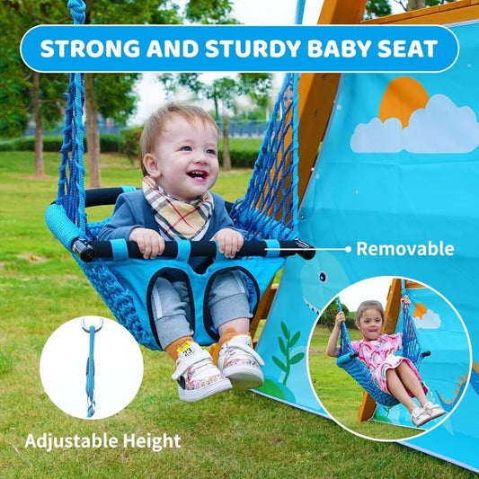A smiling toddler enjoys the Playground Swing Sets for Backyard, featuring 2 swings, a big wave slide, and climbing wall. Sturdy wooden design offers easy assembly and adjustable height. An inset shows a young girl using the swing outdoors.