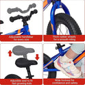 A collage displays the 12 Inch Balance Bike for Kids: adjustable handlebar, thick rubber wheels, padded adjustable seat, and wide footrest—features promoting comfort, safety, and gross motor skill development for toddlers.