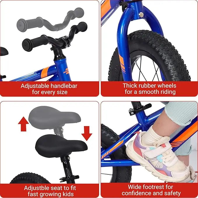 A collage displays the 12 Inch Balance Bike for Kids: adjustable handlebar, thick rubber wheels, padded adjustable seat, and wide footrest—features promoting comfort, safety, and gross motor skill development for toddlers.