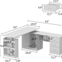 Diagram of the L Shaped Electric Standing Desk with Drawers and Shelves, showing detailed inch measurements for each section, drawer, and shelf. Includes height-adjustable desk specs and industrial-grade steel frame details for assembly.