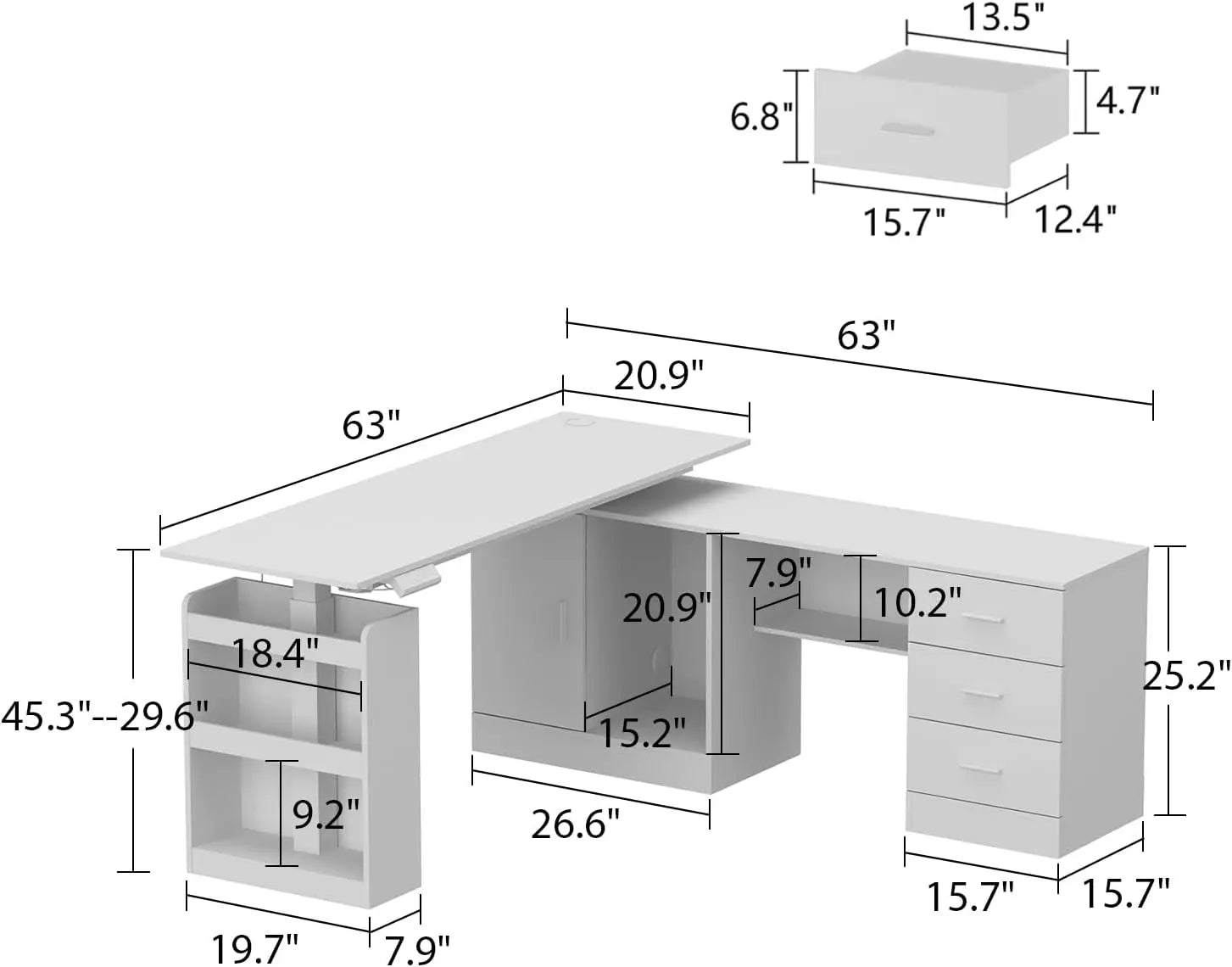 Diagram of the L Shaped Electric Standing Desk with Drawers and Shelves, showing detailed inch measurements for each section, drawer, and shelf. Includes height-adjustable desk specs and industrial-grade steel frame details for assembly.
