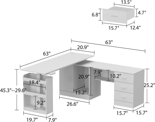 Diagram of the L Shaped Electric Standing Desk with Drawers and Shelves, showing detailed inch measurements for each section, drawer, and shelf. Includes height-adjustable desk specs and industrial-grade steel frame details for assembly.