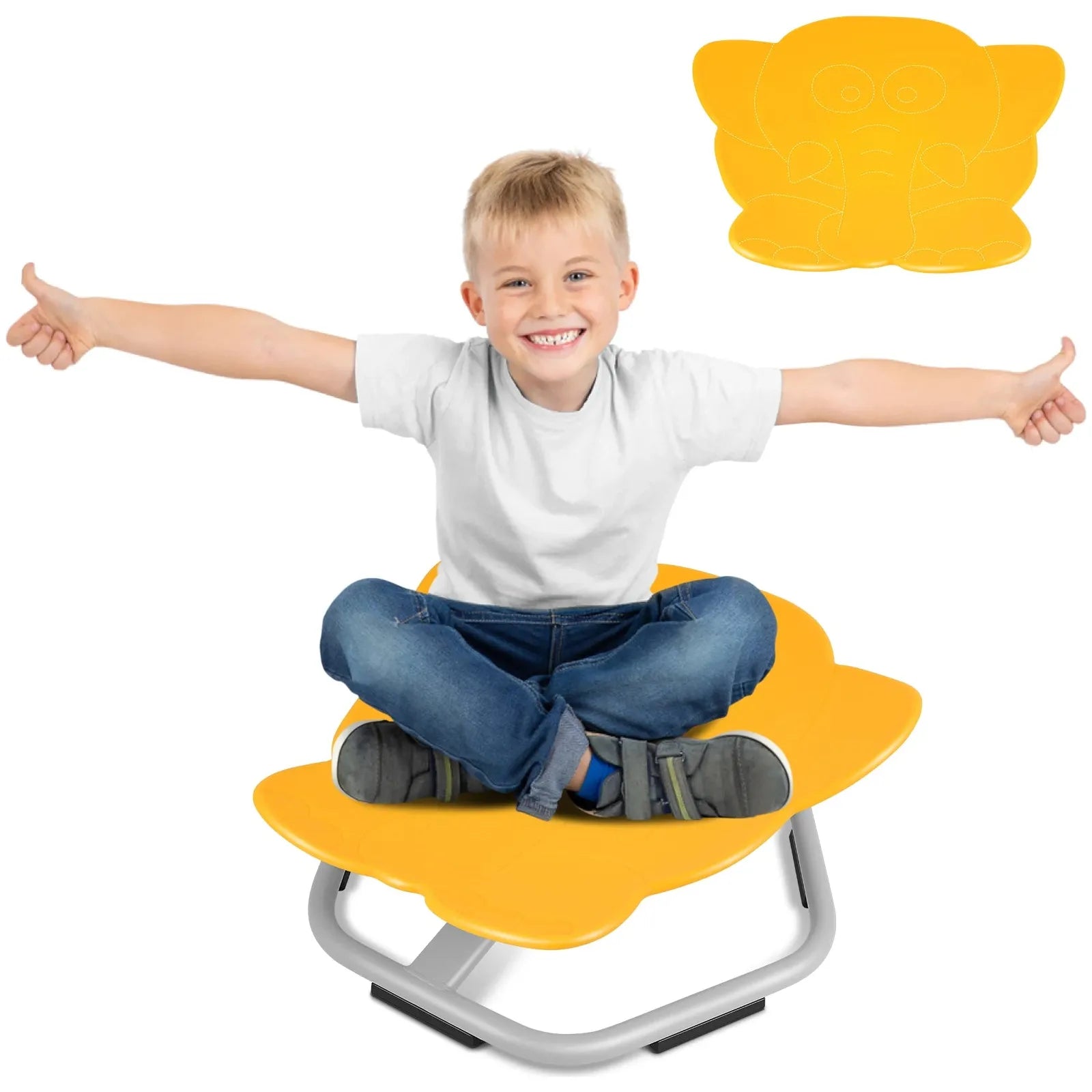 A child joyfully sits cross-legged on the Playful Elephant Spin Sensory Chair for Kids, a bright yellow rocking seat with an elephant design, perfect for balance and coordination training. The chair has a silver base, offering safe swivel fun as the child stretches their arms out in delight.