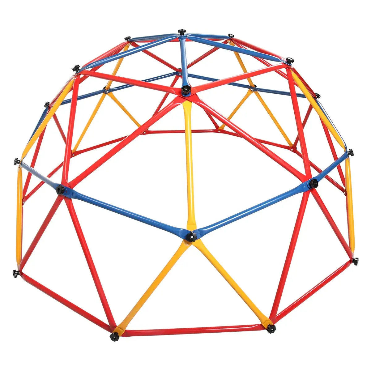 The Kids Outdoor Climbing Dome, a versatile play center with monkey bars for active fun, is crafted from red, blue, and yellow metal bars. This freestanding structure from Mainland China forms captivating triangular shapes for childrens amusement.