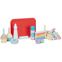 The Melissa and Doug Sweet Shop Multicolored Chalk and Holders Play Set (33 pieces) includes cupcakes, donuts, a red tray, piping bag, sprinkle shaker, cake slices, macarons, and wafer sticks—perfect for imaginative play and creative fun!.