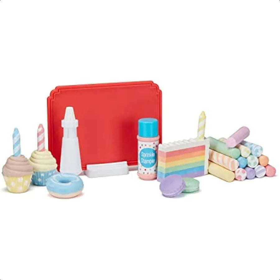 The Melissa and Doug Sweet Shop Multicolored Chalk and Holders Play Set (33 pieces) includes cupcakes, donuts, a red tray, piping bag, sprinkle shaker, cake slices, macarons, and wafer sticks—perfect for imaginative play and creative fun!.