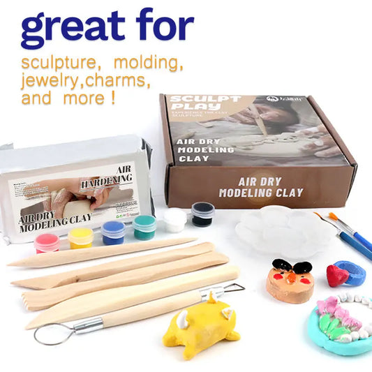 No-bake Air-dried Shaping DIY Plasticine Clay Set with 12 Colors of Paint Children's Educational Pottery Sculpture Clay Toy Gift