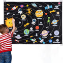 A young boy points at a Farm Animals Felt Story Board Set featuring cows, pigs, chickens, and more on a colorful background for interactive early learning educational fun.