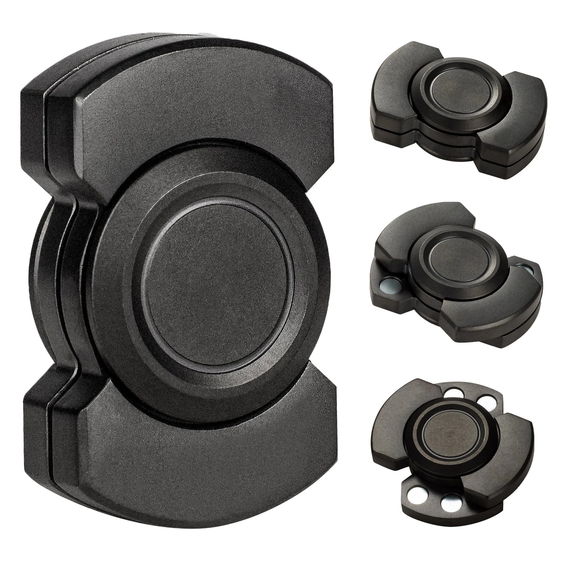 Four Stainless Steel 3 in 1 Fidget Spinner and Slider Combos with Click Button are arranged on a white background: the largest is on the left, and three smaller designs with varied holes are displayed vertically on the right.
