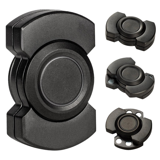 Four Stainless Steel 3 in 1 Fidget Spinner and Slider Combos with Click Button are arranged on a white background: the largest is on the left, and three smaller designs with varied holes are displayed vertically on the right.