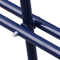 Close-up of intersecting blue metal tubes connected with bolts, part of the Durable Double Swing Set Garden Swing with 1 Seesaw Set for Children Garden.