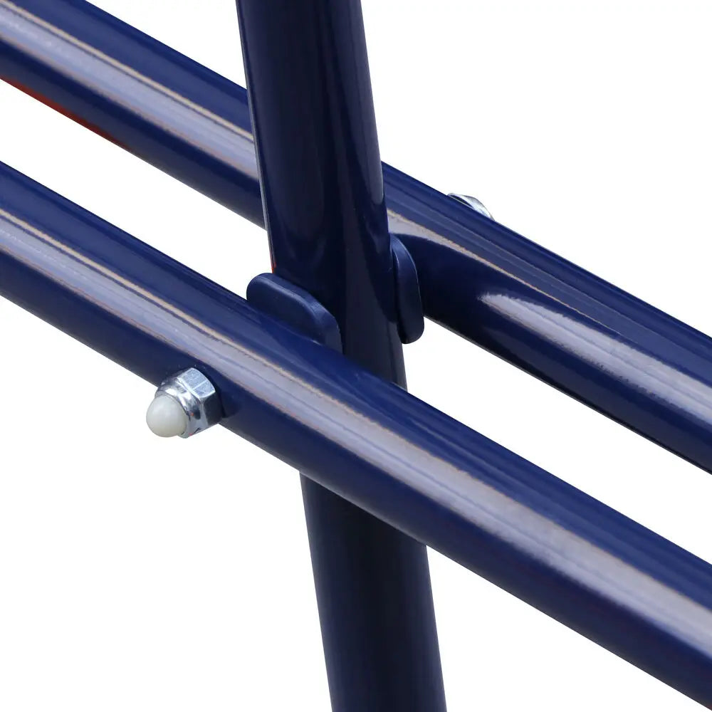 Close-up of intersecting blue metal tubes connected with bolts, part of the Durable Double Swing Set Garden Swing with 1 Seesaw Set for Children Garden.