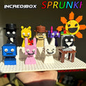 A hand holds the New Moc Incredibox Sprunki Building Blocks Set (356pcs), featuring colorful, blocky characters from the horror anime music game. “INCREDIBOX SPRUNKI” is at the top; “BASEPLATE FOR DISPLAY ONLY” appears below.