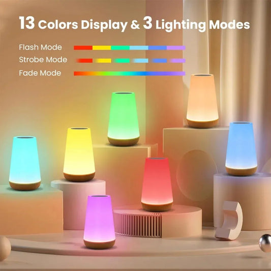 Rechargeable Touch-Controlled Dimmable Bedside Lamp with 13 RGB Colors - Portable Night Light for Kids and Babies