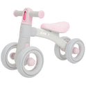 The Sliding Balance Bike with 3 Mode Headlight and 4 Transparent Silent Wheels in Pink-Grey is a ride-on toy perfect for birthdays, featuring a padded seat and wide wheels to help toddlers develop gross motor skills.