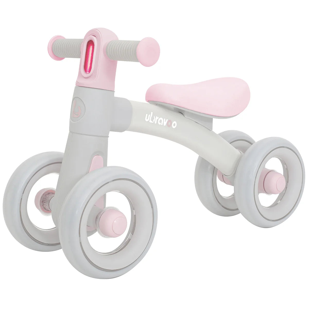 The Sliding Balance Bike with 3 Mode Headlight and 4 Transparent Silent Wheels in Pink-Grey is a ride-on toy perfect for birthdays, featuring a padded seat and wide wheels to help toddlers develop gross motor skills.