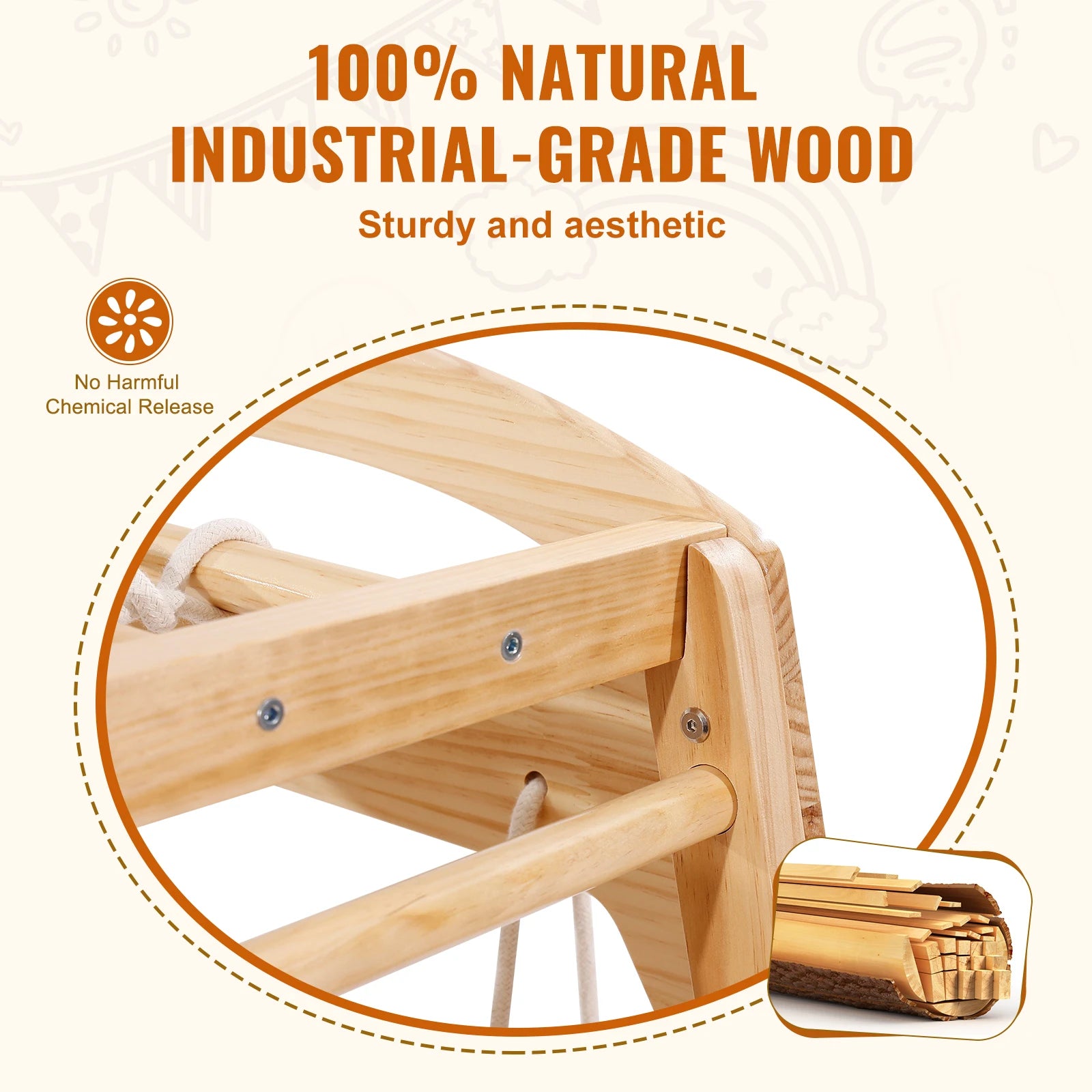 Close-up of SucceBuy Indoor Jungle Gym 7-in-1, crafted from 100% natural industrial-grade solid pine wood. Text highlights Sturdy & Aesthetic with an icon stating No Harmful Chemical Release. Insets show stacked wooden rods.