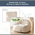 Comparison image of the Giant Bean Bag Chair, Oversized Faux Fur Shell-Shaped Couch for Adults and Kids—shown compressed before assembly and fully expanded after 48 hours in a bright room. US-quality design for comfort and style.