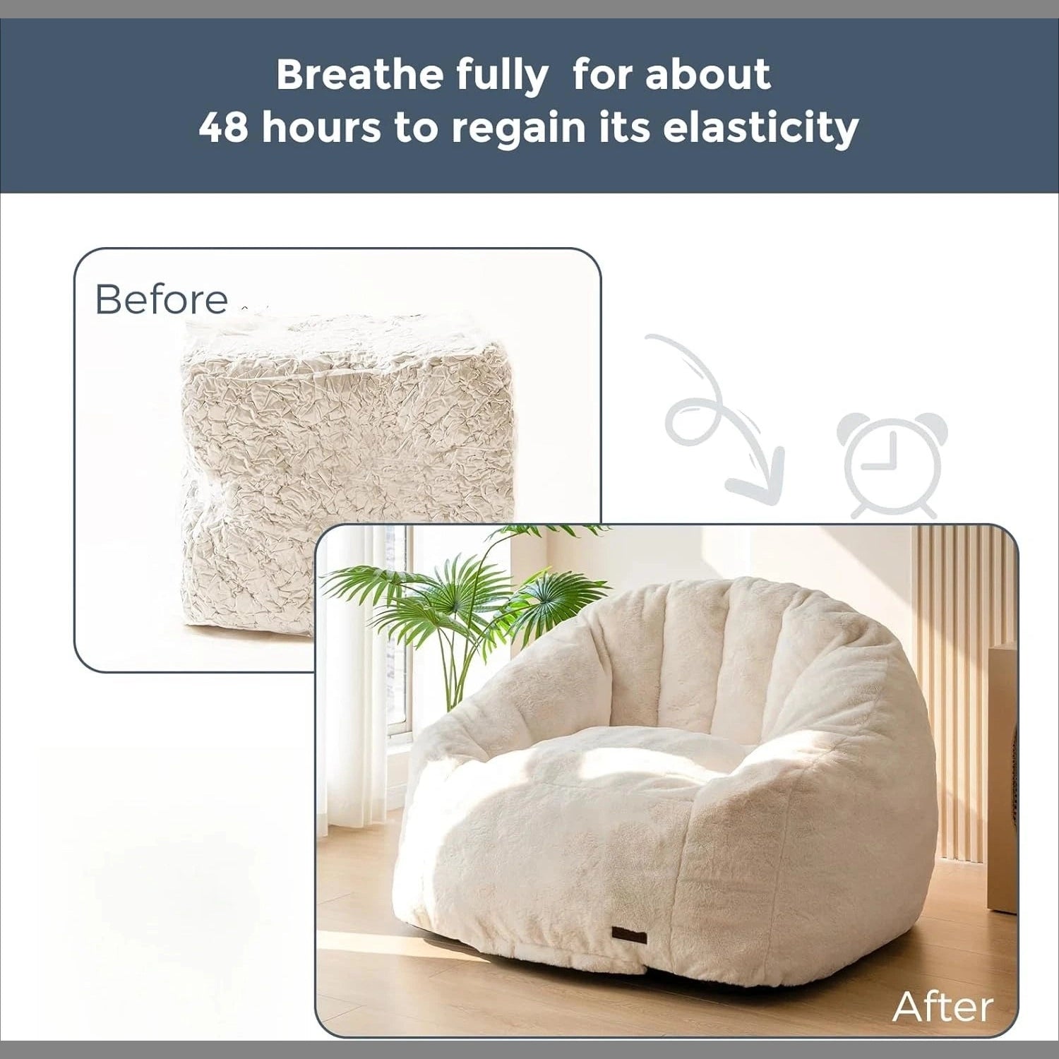 Comparison image of the Giant Bean Bag Chair, Oversized Faux Fur Shell-Shaped Couch for Adults and Kids—shown compressed before assembly and fully expanded after 48 hours in a bright room. US-quality design for comfort and style.