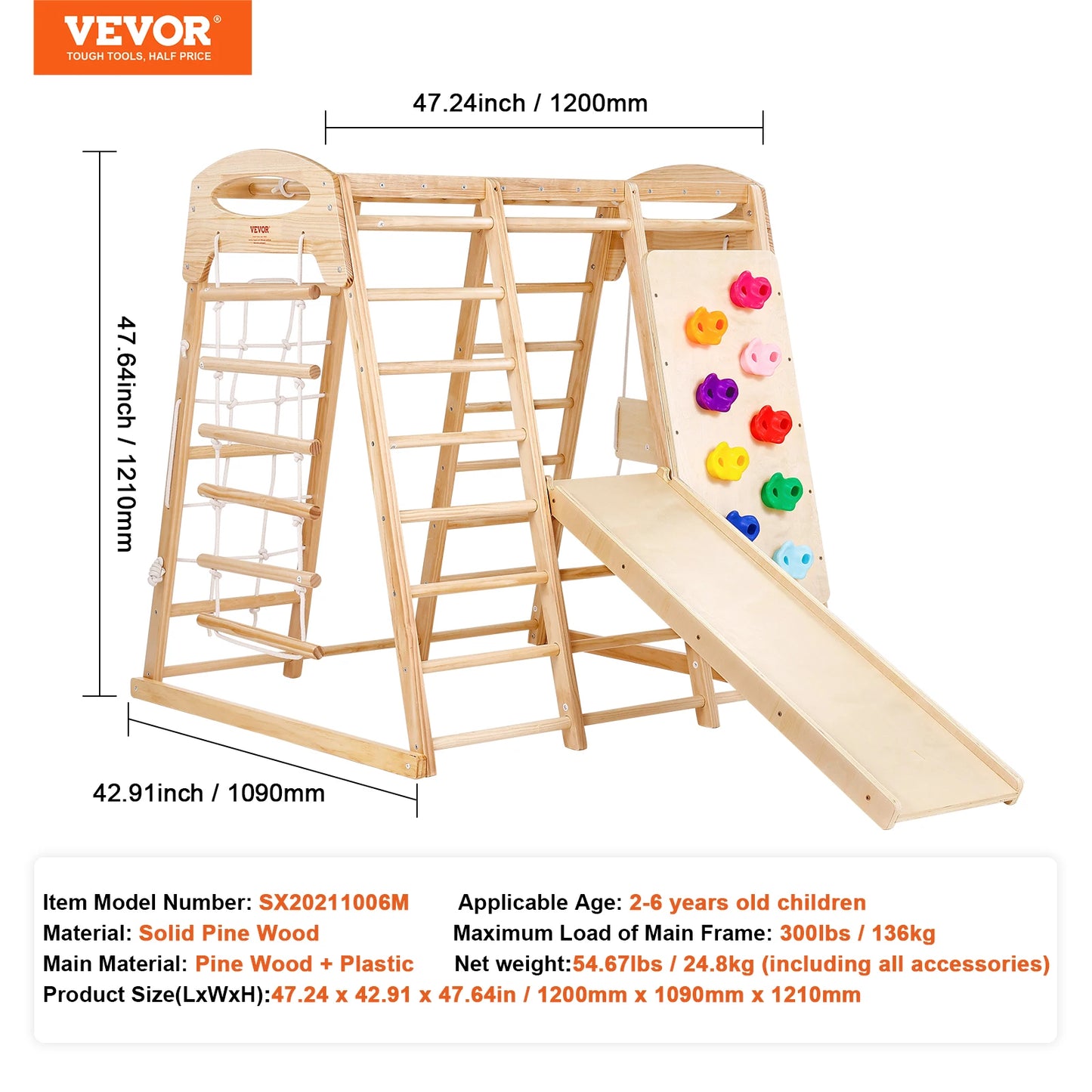 The SucceBuy Indoor Jungle Gym 7-in-1 in Size M is a solid pine wood playground for ages 2-6, supporting up to 300 lbs. Features include a slide, rock wall, climbing and net ladders, monkey bars, and rope ladder—perfect for indoor toddler play.