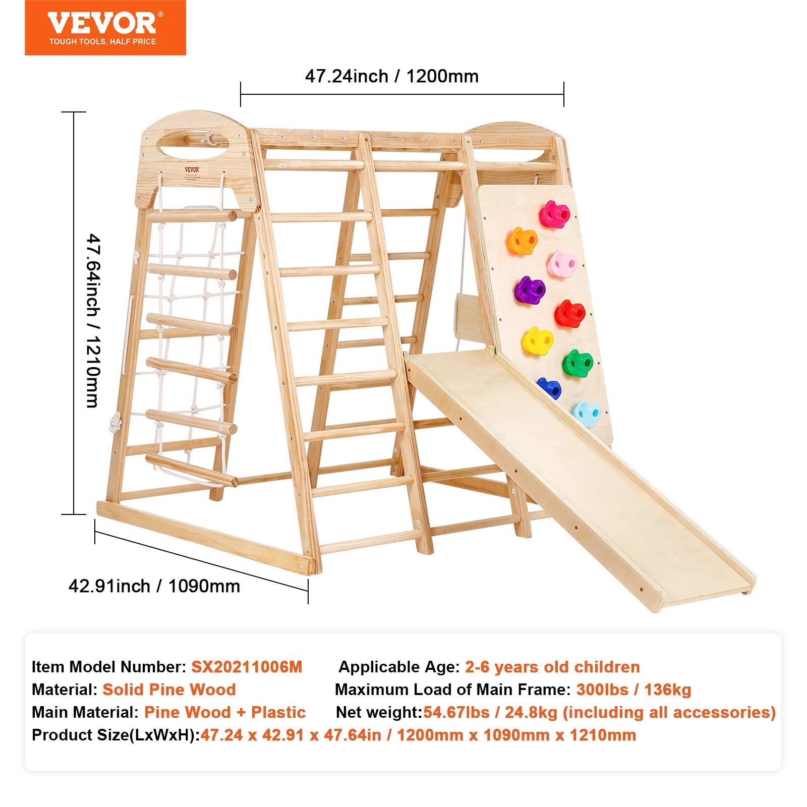 The SucceBuy Indoor Jungle Gym 7-in-1 in Size M is a solid pine wood playground for ages 2-6, supporting up to 300 lbs. Features include a slide, rock wall, climbing and net ladders, monkey bars, and rope ladder—perfect for indoor toddler play.