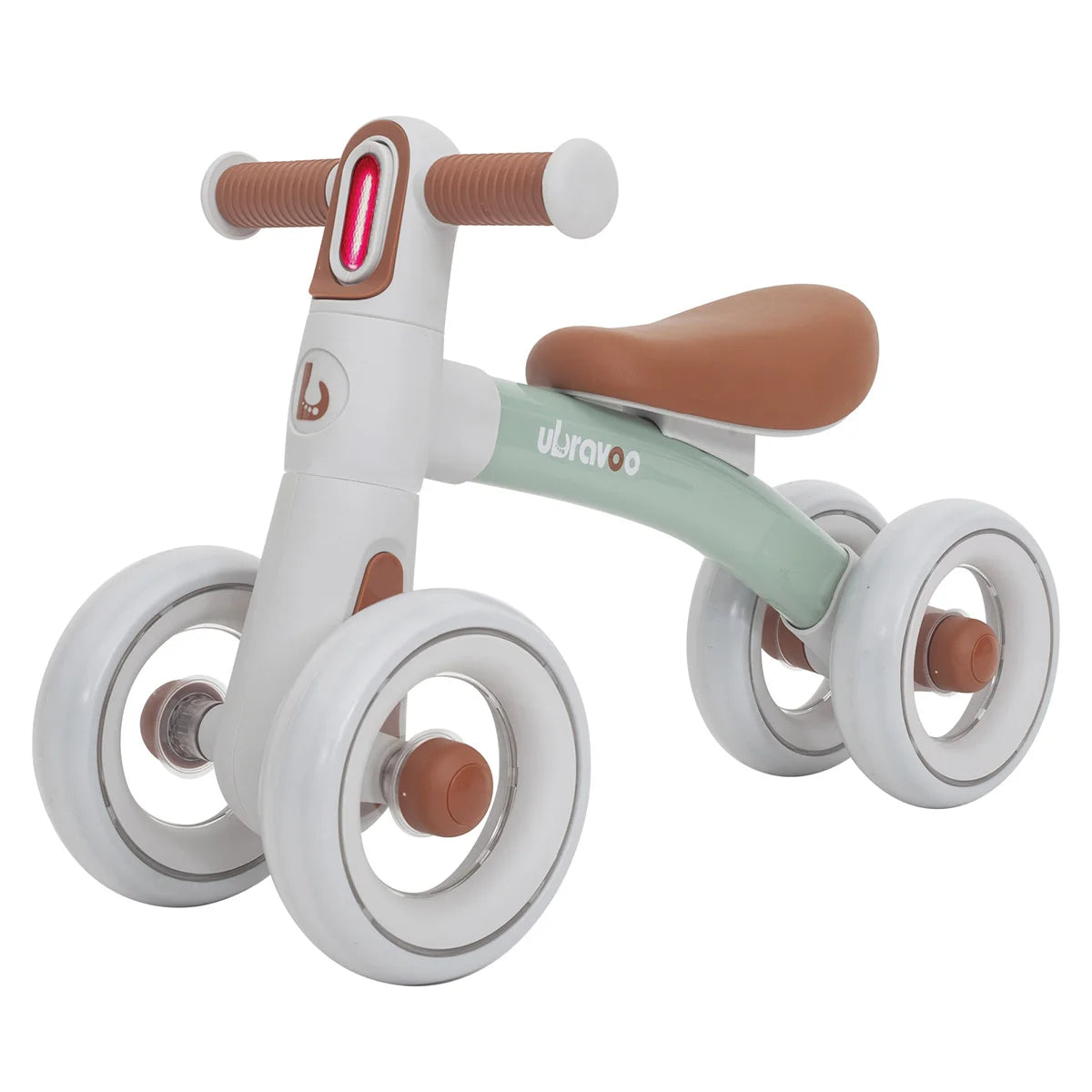 The Sliding Balance Bike features a green-grey frame, four transparent silent wheels, and a 3-mode headlight—an ideal ride-on toy for birthdays and early learning that helps toddlers develop gross motor skills.