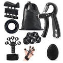 The Adjustable Hand Grip Strengthener — Fine Motor Rehabilitation Tool is a black set for hand rehab and therapy, featuring an adjustable grip, finger stretcher, resistance ring, egg-shaped ball, knuckle exerciser, wrist strap, and carrying bag.