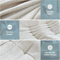 Close-up images of the Fireside Loveseat Sofa Couch Modern Chenille Bean Bag Chair in cream, featuring ergonomic design, wrinkle-resistant textured chenille fabric, handmade tufted details, plus descriptive icons and labels.