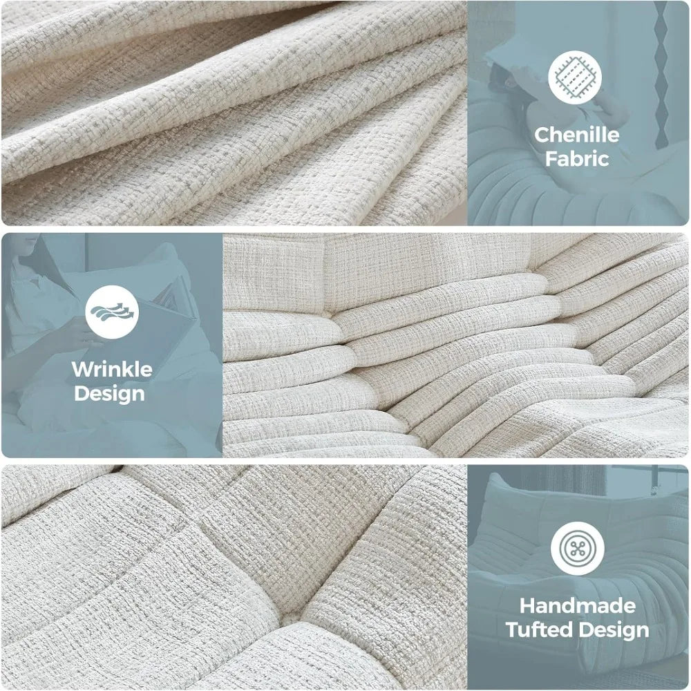 Close-up images of the Fireside Loveseat Sofa Couch Modern Chenille Bean Bag Chair in cream, featuring ergonomic design, wrinkle-resistant textured chenille fabric, handmade tufted details, plus descriptive icons and labels.