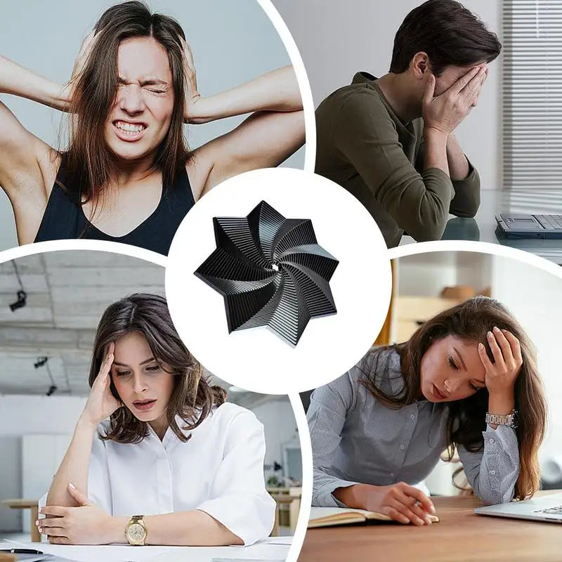 Collage of four stressed individuals holding their heads surrounds the Fidget 3D Spinner Stress Relief Toy—a black geometric illusion fidget ideal for stress relief, inspired by pressure commonly faced by workers in Mainland China.