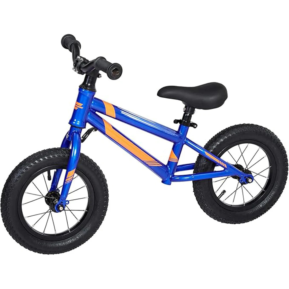 The 12 Inch Balance Bike for Kids features a blue, lightweight aluminum frame with adjustable seat and handlebar, padded seat, black handlebars and wheels—perfect for developing toddler gross motor skills. Shown on white background.