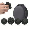 Four black silicone magnetic balls from the 4Pcs 8PCS Silicone Magnetic Balls Set are shown with a round zippered case. A hand holds two balls, highlighting their size and textured surface—ideal for stress relief or as a fidget toy.