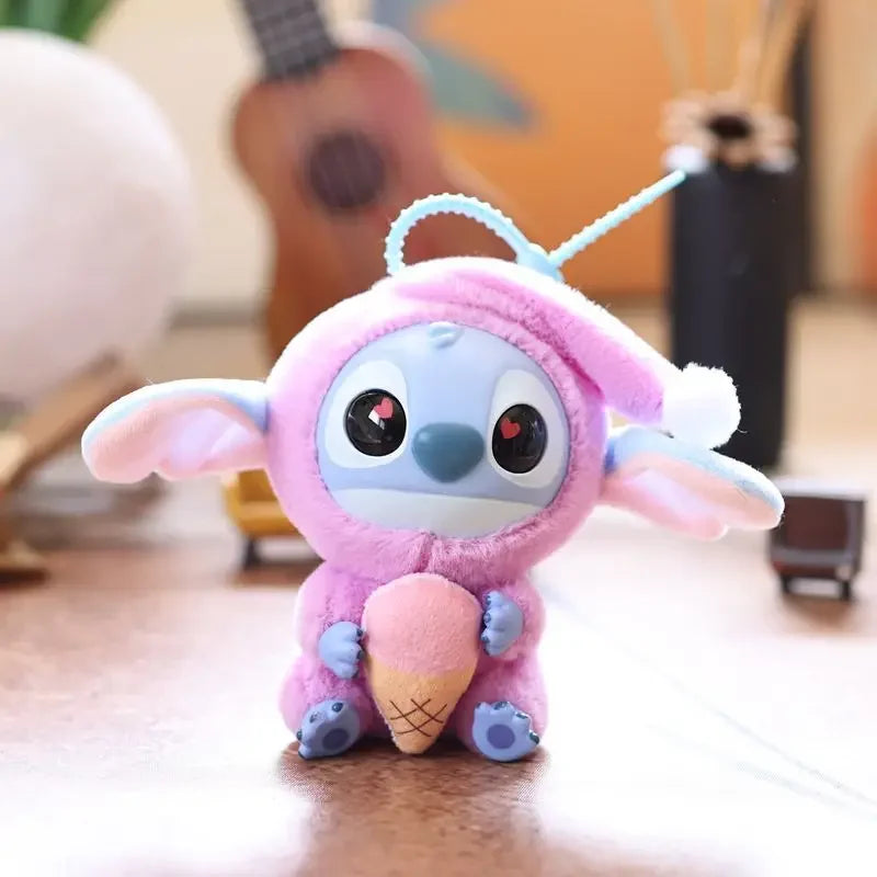 The Kawaii Accessories Stitch Plush Toy from the Eat Something Before Sleep Series is a cute Lilo and Stitch keychain for girls, color F. This doll sits adorably and doubles as a backpack pendant or keyring. Perfect for fans of kawaii!.