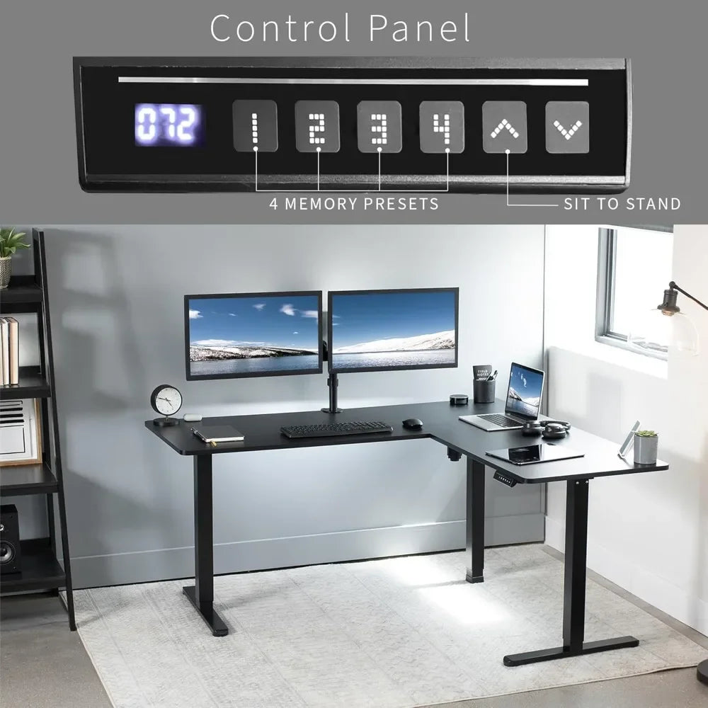 Modern home office featuring the Electric Height Adjustable 63 x 55 Inch Corner Stand Up Desk with dual monitors, keyboard, mouse, and laptop. Inset displays control panel with digital display, memory presets, and height adjustment buttons.