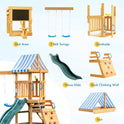 Diagram of the Wooden Swing Set for Backyard - All-in-One Kids Playset, labeling rest area, two belt swings, sunshade, wave slide, rock climbing wall, and fort—all shown with colorful images.