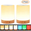 Two touch-sensitive LED lamps with wooden bases feature warm yellow lights and USB charging. Six images show rechargeable RGB night lights in orange, yellow, white, blue, green, and red. Text reads 2 Pack.